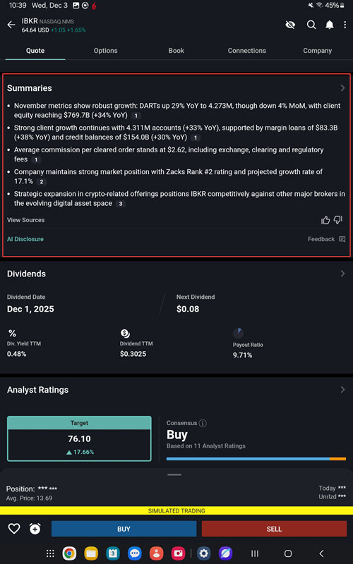 The summaries page on the android tablet. 